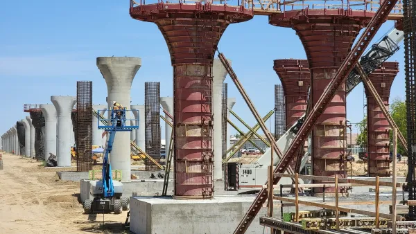Steel pillars under construction as part of California High-Speed Rail project.
