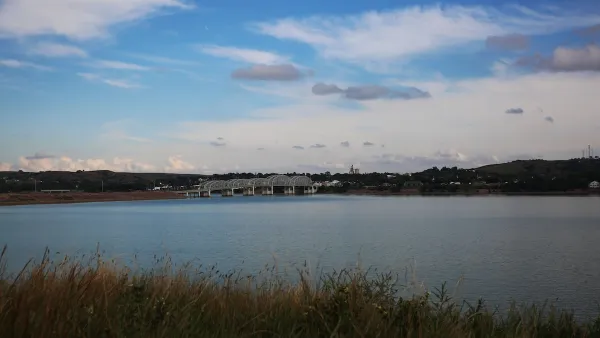  A bridge stretches across the Missouri River at Chamberlain, South Dakota.