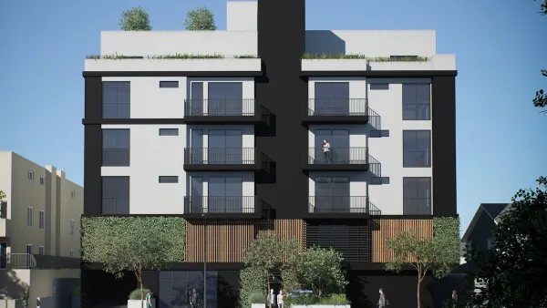 Rendering of four-story black and white modern apartment building in Los Angeles.