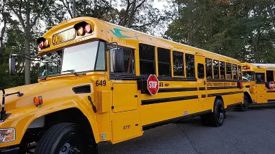 Yellow electric Blue Bird school bus