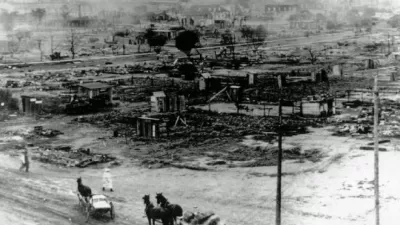 The image shows a portion of the African American neighborhood that was overrun by white rioters May 31-June 1, 1921. With force of numbers and superior weapons, they defeated the black defenders in a number of engagements.