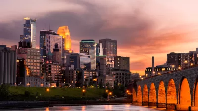 Sunset view of downtown Minneapolis, Minnesota skyline.