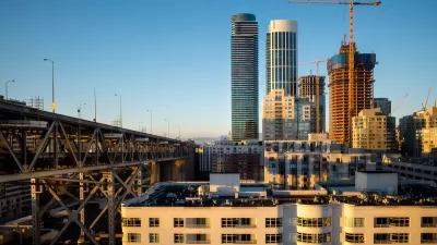 View of buildings under construction and cranes in San Francisco, California.