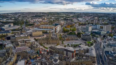 Aerial view of dense historic urban area of Bradford, United Kingdom.