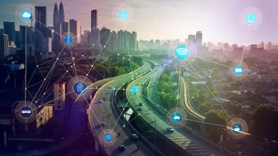 View of city skyline with overlay of icons indicating smart city connectivity.