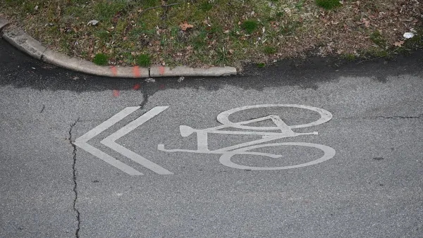 White bike sharrow symbol painted on road next to green grass.