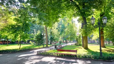 Paved walkways with wood benches in green city park with large trees.