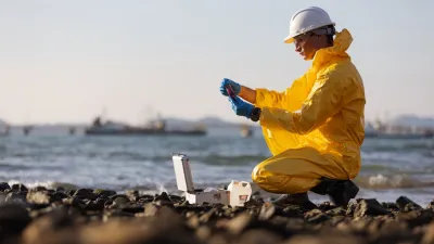 Person in yellow safety suit and white helmet kneels to examine water samples outdoors on a lake shore.