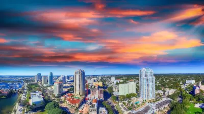Aerial view of downtown St. Petersburg, Florida at sunset.