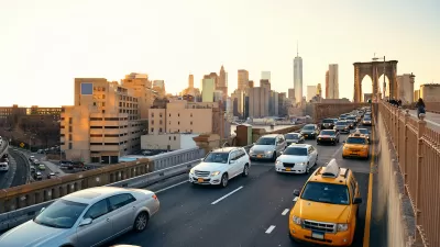 View of rush hour traffic on Brooklyn Bridge at golden hour.