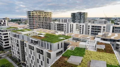 Aerial view of green roofs with plants in Sydney, Australia.