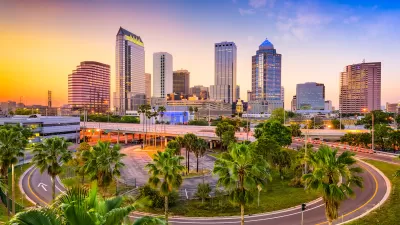 Aerial view of Tampa, Florida skyline at dusk.