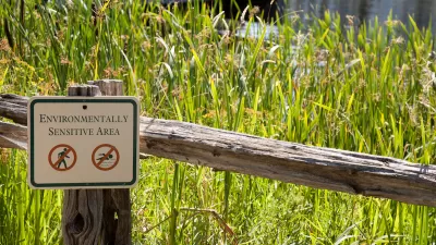 "Environmentall sensitive area" sign on rustic wooden fence with tall green grass in background.