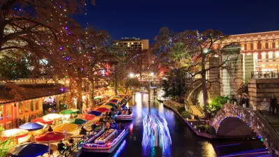 San Antonio Texas Riverwalk at christmas nighttime.