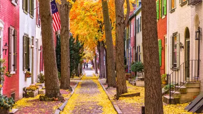 View of narrow alley on Philadelphia's Quince Street with fall leaves.