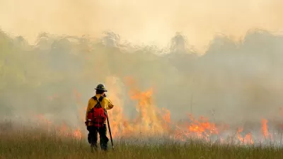 Firefighter in yellow uniform stands in grassy field monitoring wildfire in the Everglades, Florida.