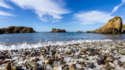 Close-up of rounded weathered multicolored glass pieces on Glass Beach in Fort Bragg, California.