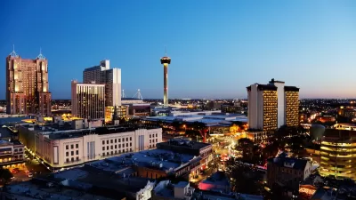 View of downtown San Antonio, Texas at dusk.