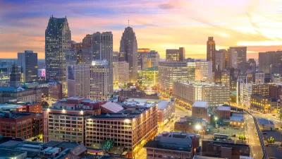 Aerial view of downtown Detroit, Michigan at twilight.