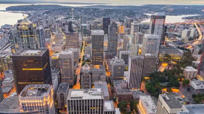 Aerial view of downtown Seattle, Washington at dusk.