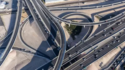 Aerial view of freeway interchange in downtown Las Vegas