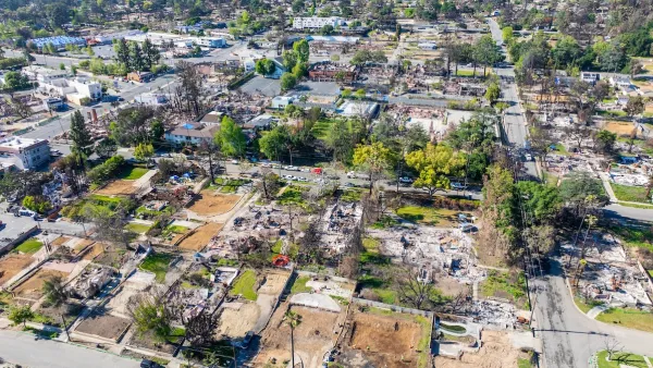 Aerial view of homes and businesses destroyed by Altadena wildfire.