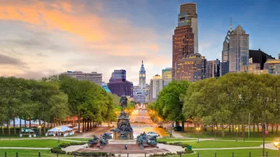 Aerial view of Philadelphia, Pennsylvania with statues.