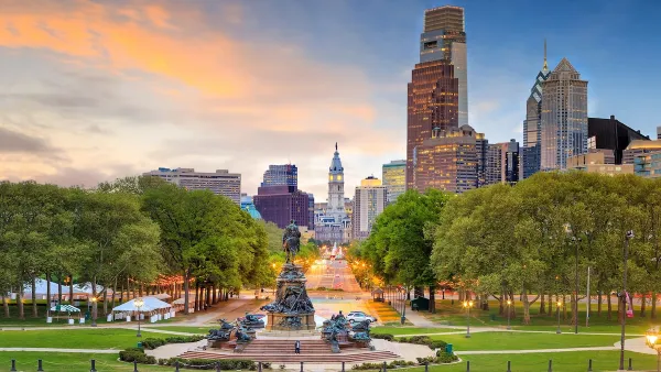 Aerial view of Philadelphia, Pennsylvania with statues.