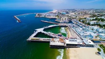 Aerial view of Redondo Beach Pier in Redondo Beach, California on the Pacific Ocean.
