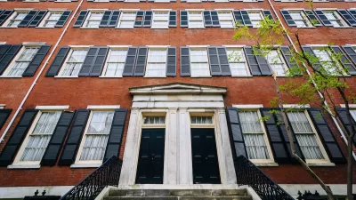 Historic brick buildings along Spruce Street in Washington Square West, Philadelphia, Pennsylvania.
