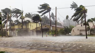 Flooded street with two-story homes and palm trees being blown in the wind during a hurricane in Miami, Florida.