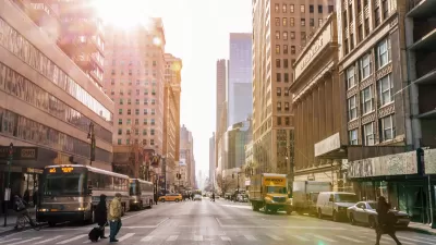 New York City intersection with crosswalk.