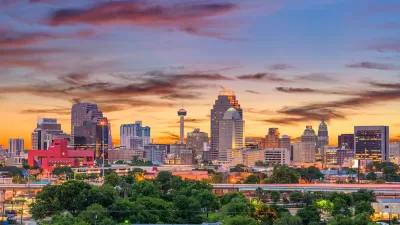 San Antonio, Texas skyline at sunset.
