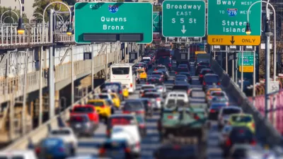 View of busy traffic on Williamsburg Bridge in Brooklyn, New York City