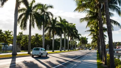 View of palm tree-lined boulevard in Miami, Florida with white PT Cruiser driving by.