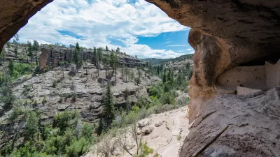 View from inside large cave with ancient Mogollan cliff dwellings in Gila Wilderness, New Mexico.