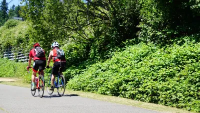 Two people on bikes riding down paved Burke-Gilman bike trail in King County, Washington on a sunny day.