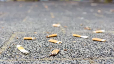 Flattened cigarette butts littering a sidewalk