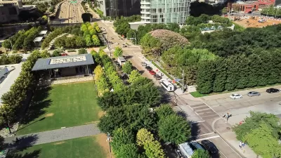 Aerial view of Klyde Warren deck park on freeway cap in downtown Dallas, Texas.