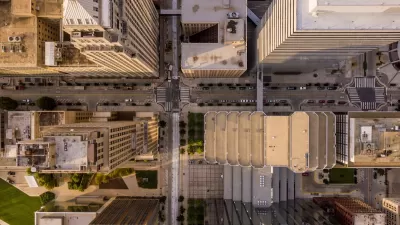 Bird's eye view of high-rise buildings in downtown Oklahoma City, Oklahoma.