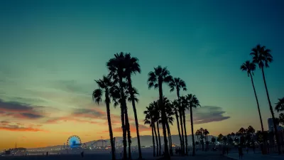 Palm trees sillhouetted against dark evening sky at Santa Monica Beach with pier with illuminated Ferris wheel in background.