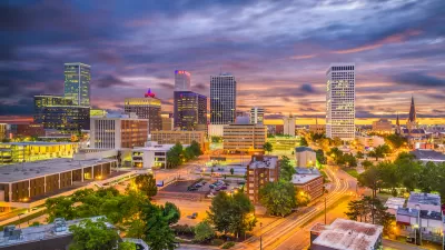 Aerial view of Tulsa, Oklahoma at twilight.