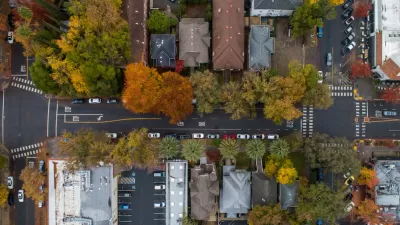 Bird's eye view of houses in midtown Sacramento, California.