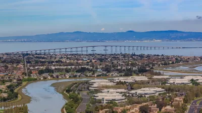 Aerial view of the San Francisco Bay with Hayward Bridge and Foster City in San Mateo County, California.