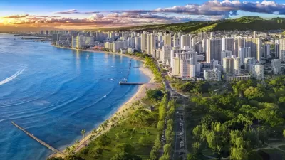 Aerial view of Honolulu, Hawaii with oceanfront.