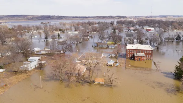 Aerial view of flooded small town in Iowa in 2019.