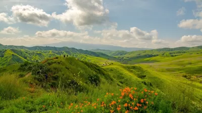 Green hills with orange California poppies in bloom in foreground in Chino Hills State Park, California.
