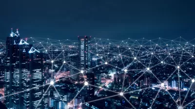 Illustration of nighttime city with white lines connecting nodes to illustrate technology and connectivity