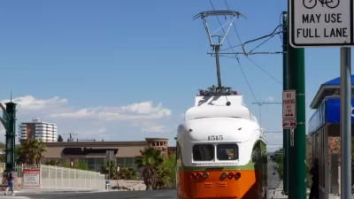 Orange and white streetcar in El Paso, Texas.