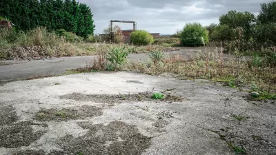 Vacant lot with overgrown concrete foundation